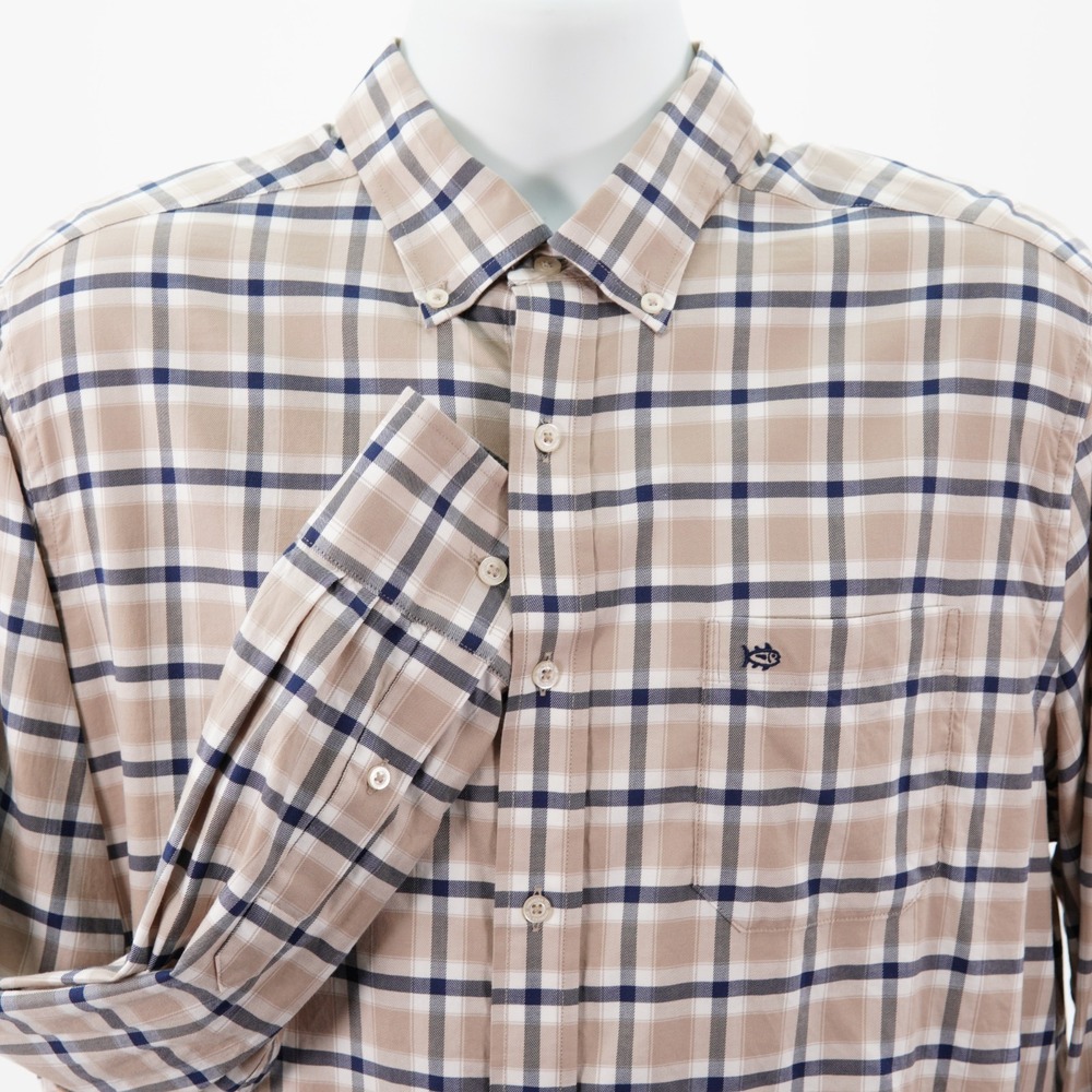 Southern Tide Men's Large Tan White Blue Plaid Cotton Button Down Pocket Front